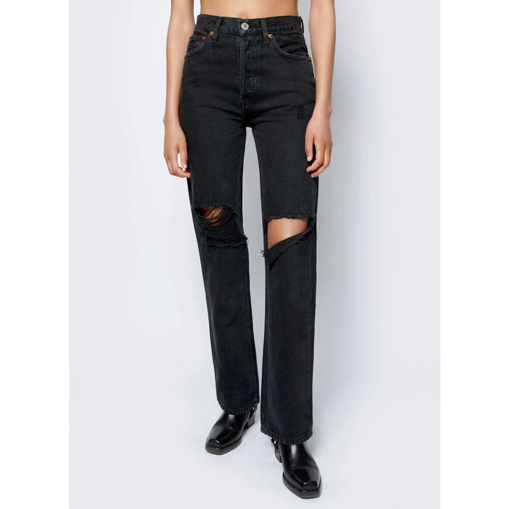 RE/DONE High Rise Loose Jeans in Washed Black with Rips Size 28